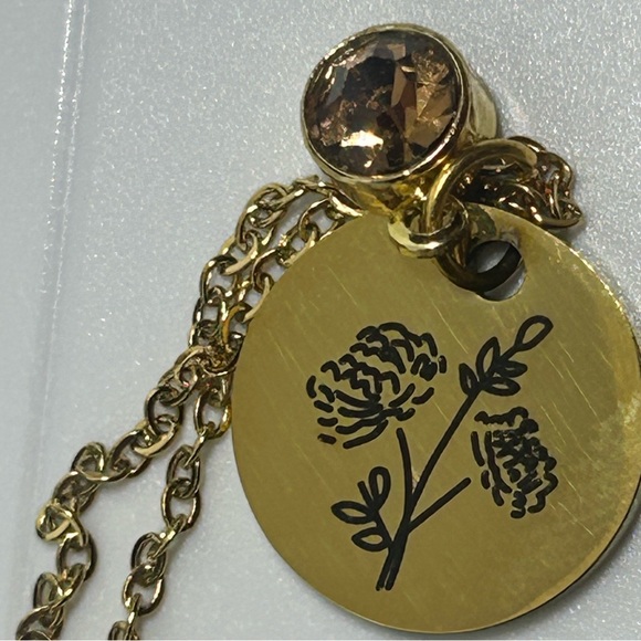14K Gold plated November birthstone (topaz) and birth flower (peony) necklace, - Picture 2 of 5